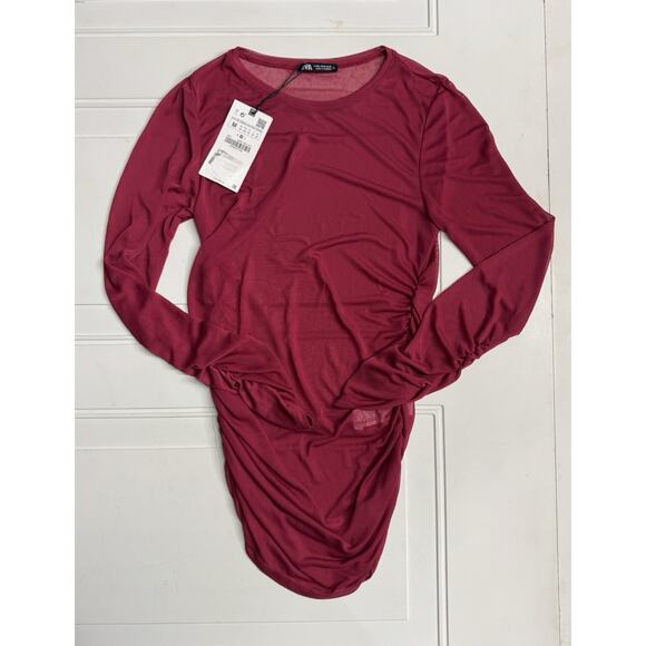 Zara Tops - Zara NWT Sheer Womens Medium Red Burgundy Ruched Blouse Top Tunic Mini Dress